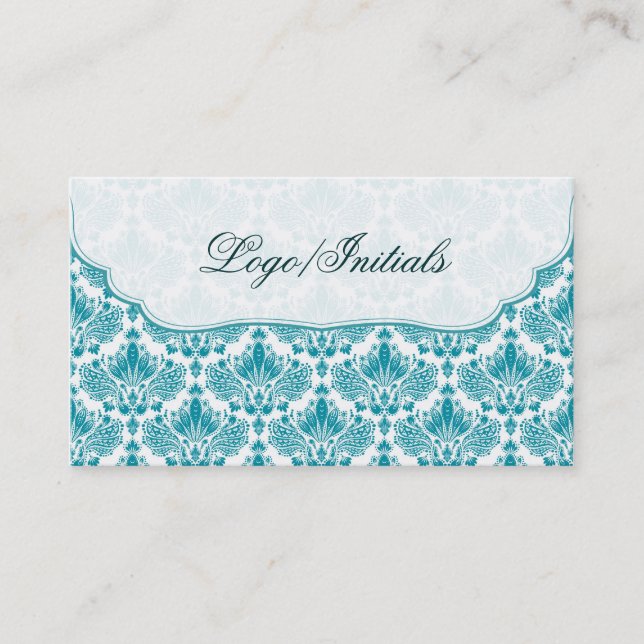 Carte De Visite Blanc & Bleu Élégant Retro Floral Damask (Devant)