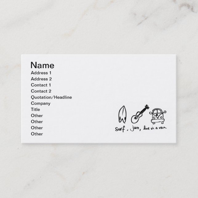 CARTE DE VISITE BLANC CARTOON SURFER SURF JAM LIVE VAN MOTTO S'AMU (Devant)