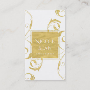 Carte De Visite Blanc & Doré Faux Tourbillon Floral Élégant