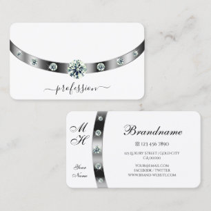 Carte De Visite Blanc et argent tendance avec diamants Monogramme