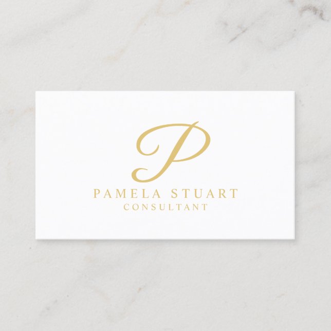 Carte De Visite Blanc et monogramme élégant d'or (Devant)