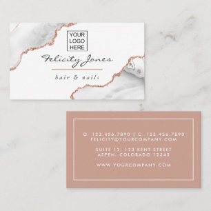 Carte De Visite Blanc et Rose Gold Agate Ajouter un logo