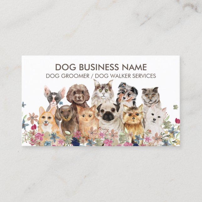 Carte De Visite Blanc Floral Animaux de compagnie Chien Chat Famil (Devant)