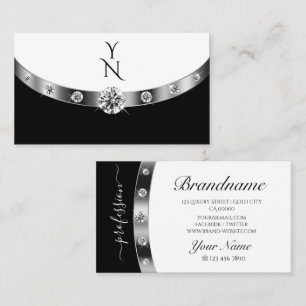 Carte De Visite Blanc noir argenté moderne avec diamants monogramm