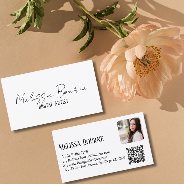 Carte De Visite Blanc noir moderne, photo professionnelle, code QR (Créateur téléchargé)