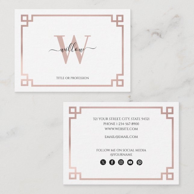 Carte De Visite Blanc & Rose Gold Rose grec Clé médias sociaux (Devant / Derrière)