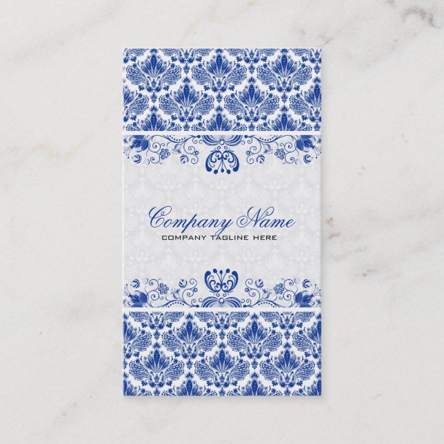 Carte De Visite Blanc & Royal Bleu Rétro Floral Damas Motif (Devant)