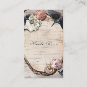 Carte De Visite Blanc Rustique Fleur de Birch & Colibri Élégant