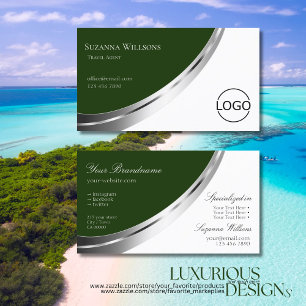 Carte De Visite Blanc vert de la forêt avec déco et logo en argent