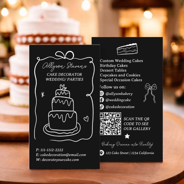 Carte De Visite Blancs rétro français Scribble code qr (White Retro French Scribble cake decorator qr code Business Card)