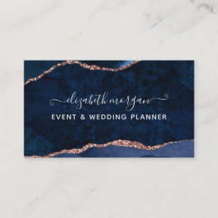 Carte De Visite Bleu Agate Marbre Rose or Aquarelle Script