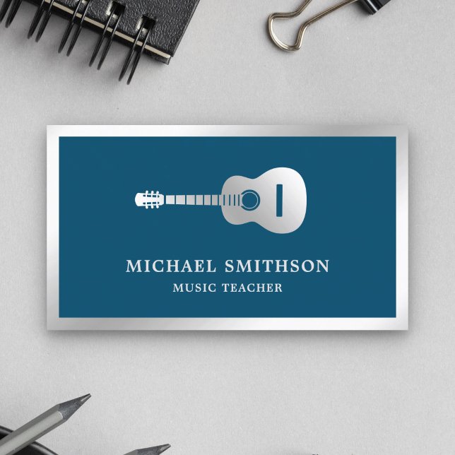 Carte De Visite Bleu Argent Foil Guitare Musique Professeur Guitar (Créateur téléchargé)