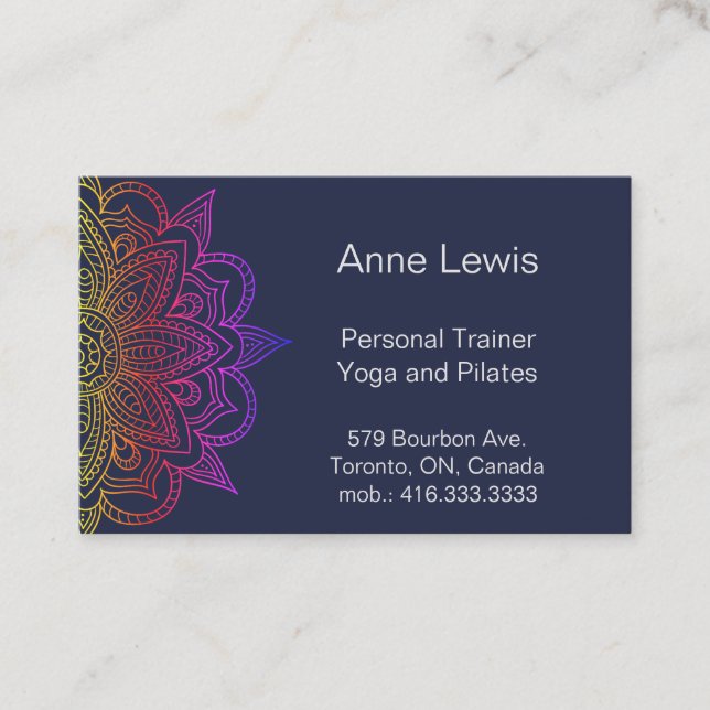 Carte de visite bleu avec Mandala Floral Lumineux (Devant)
