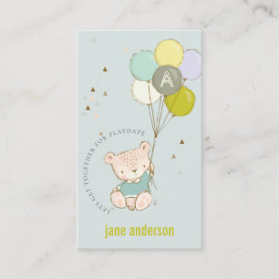 Carte De Visite Bleu Bear Balloon Monogramme Enfants Jouer Appel