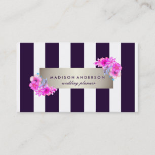 Carte De Visite Bleu Blanc Chic rayures Argent Vintage Floral