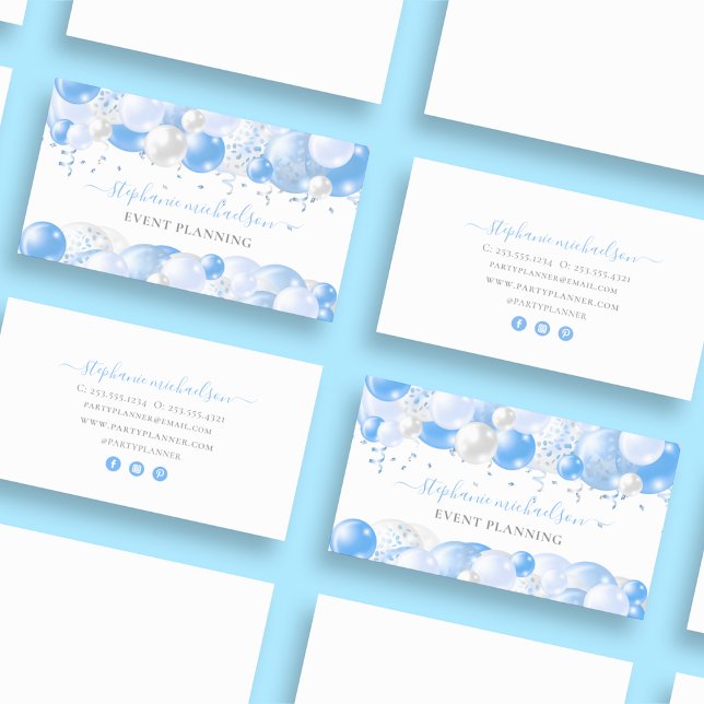 Carte De Visite Bleu blanc du planificateur de fête (Party Planner Blue White Balloon Business Card)