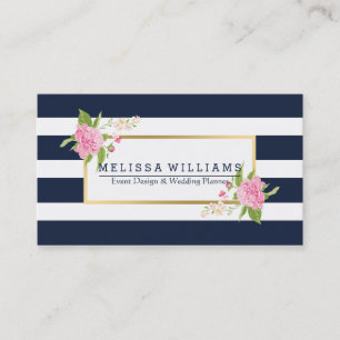 Carte De Visite Bleu & Blanc moderne Grilles Or & Floral Accent