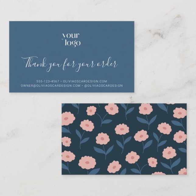 Carte De Visite Bleu Boho Floral Logo Merci Business Insertion (Devant / Derrière)