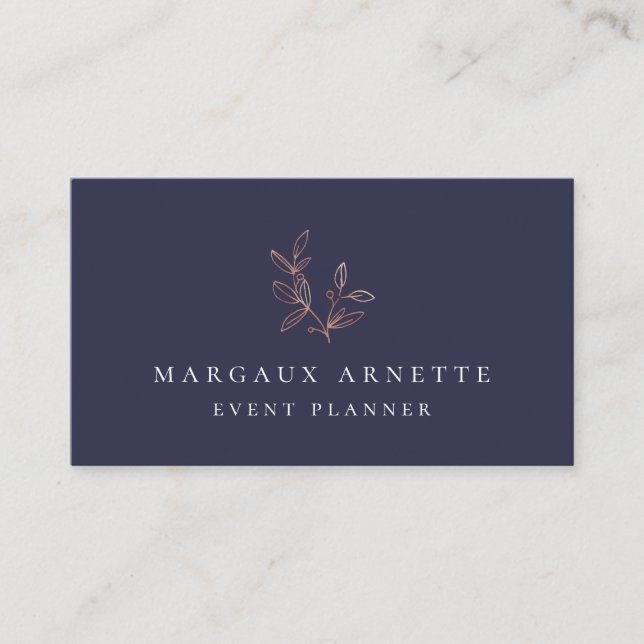 Carte De Visite Bleu botanique de logo d'or rose élégant (Devant)