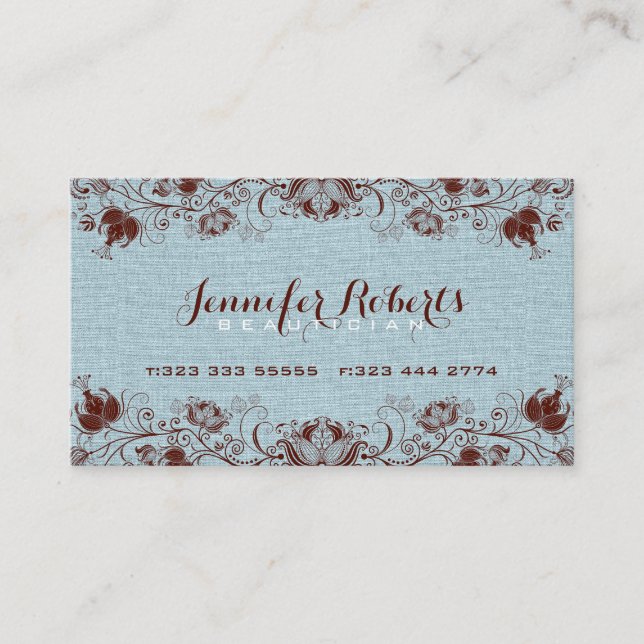 Carte De Visite Bleu Burlap Lin & Brown Floral & dentelle 2 (Devant)