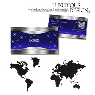 Carte De Visite Bleu ciel nocturne Argent Borders Logo Code QR