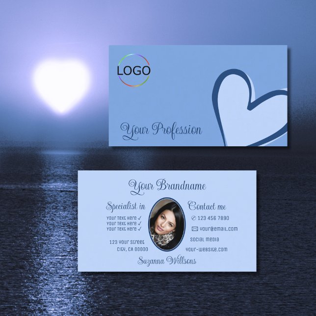 Carte De Visite Bleu clair Magnifique mignonne de coeur avec logo  (Créateur téléchargé)