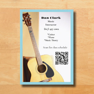 Carte De Visite Bleu clair QR Code Musique Enseignant Guitare acou