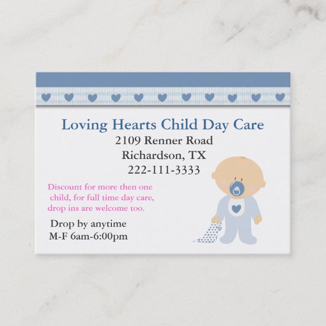 Carte de visite bleu de Childcare de coeurs (Devant)