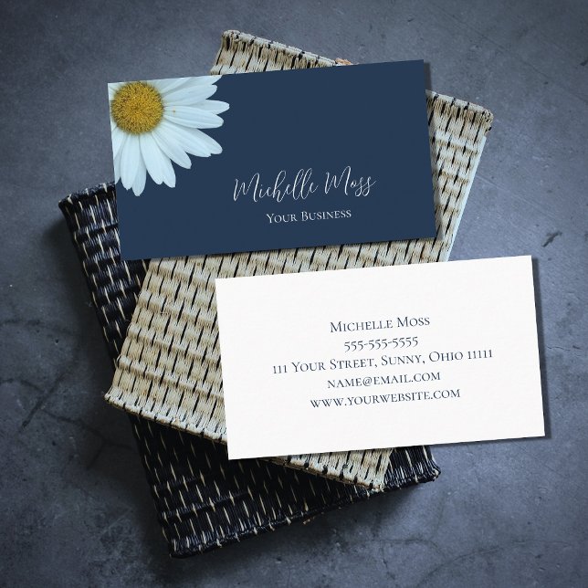 Carte De Visite Bleu de marine botanique moderne Daisy (Créateur téléchargé)