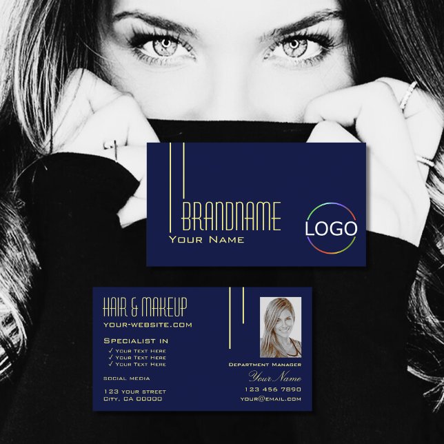Carte De Visite Bleu d'Indigo foncé avec logo et photo élégant (Créateur téléchargé)