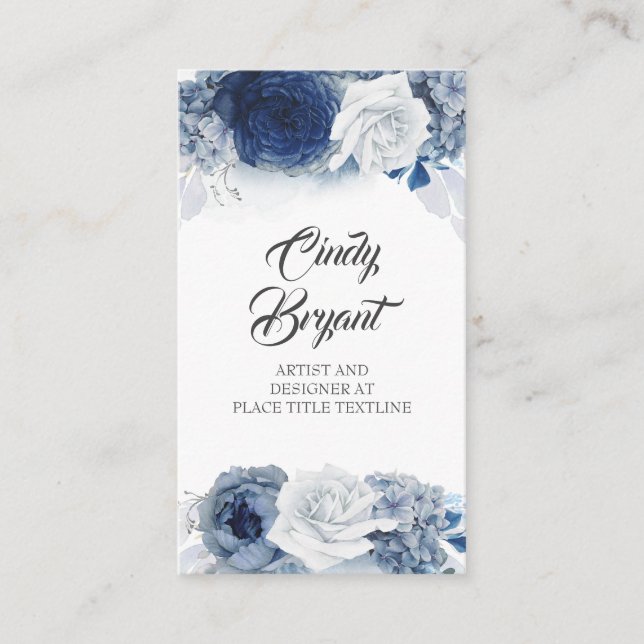 Carte De Visite Bleu Dusty et Fleurs Bleues Marine Élégant (Devant)