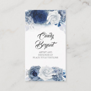 Carte De Visite Bleu Dusty et fleurs bleues Navy Élégantes