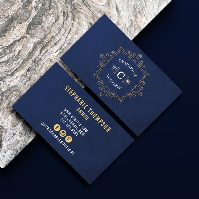 Carte De Visite Bleu et or Ornement Moderne Monogramme Logo (Blue and Gold Ornament Modern Monogram Logo Business Card)