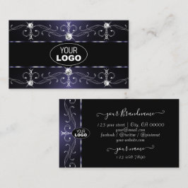 Carte De Visite Bleu foncé élégant Bordures ornées avec logo