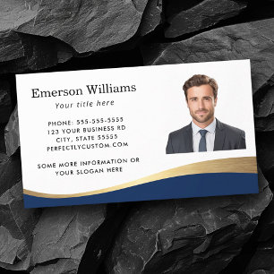 Carte De Visite Bleu foncé faux onde dorée photo personnalisée