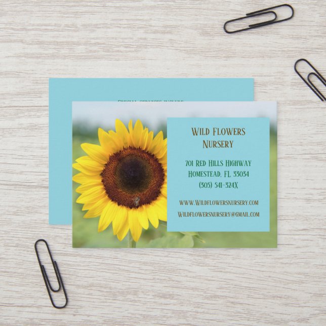 Carte De Visite Bleu jardiner Landscaper fleuriste tournesol (Devant/Arrière en situation)