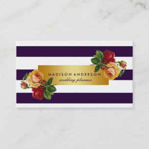 Carte De Visite Bleu Marine & Blanc Chic Stripes Or Vintage Floral