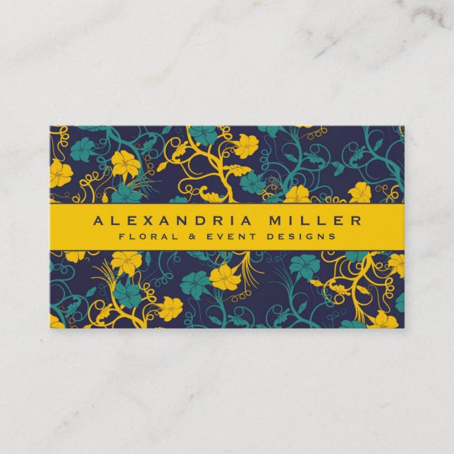 Carte De Visite Bleu marine et brillant Jaune design floral (Devant)