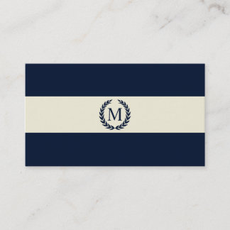 Carte De Visite Bleu marine et monogramme de rayure de crème