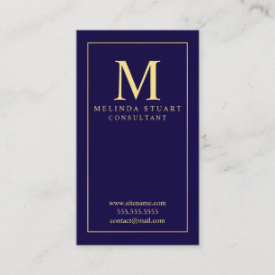Carte De Visite Bleu marine et monogramme élégant d'or