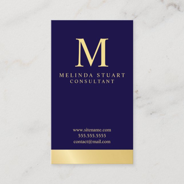 Carte De Visite Bleu marine et monogramme élégant d'or (Devant)