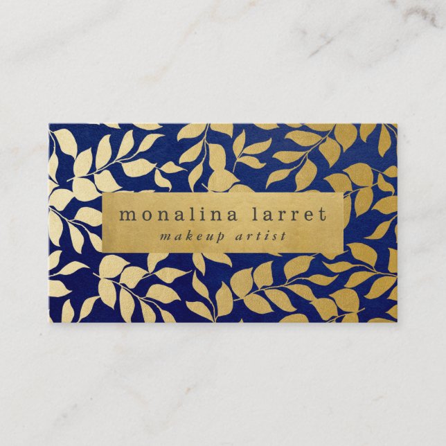 Carte De Visite Bleu marine moderne de motif de feuille de feuille (Devant)