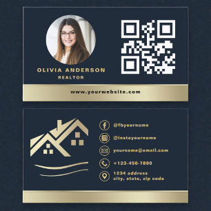 Carte de visite bleu marine QR Code Or Maison Immo