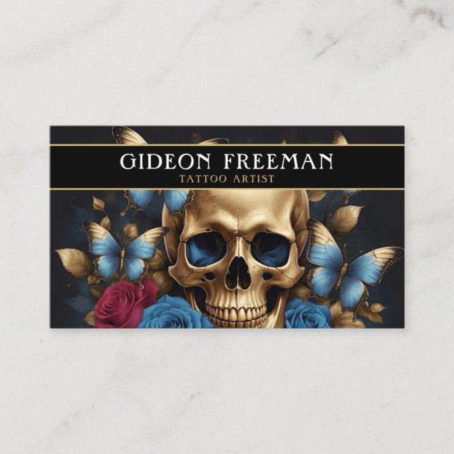 Carte De Visite Bleu moderne & Gold Skull Butterflies Tattoo Artis (Devant)