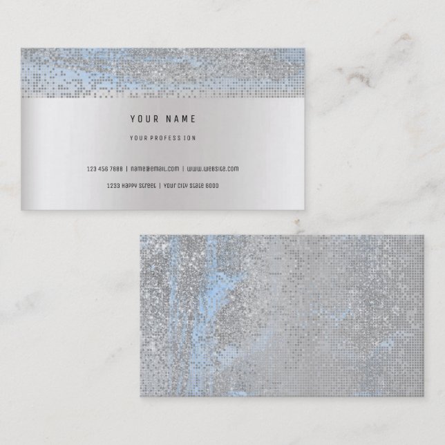 Carte De Visite Bleu Monochromatique Stripes Delicate Glam Argent (Devant / Derrière)
