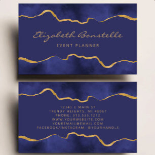 Carte De Visite Bleu Nuit Aquarelle Luxe Feuille D'Or