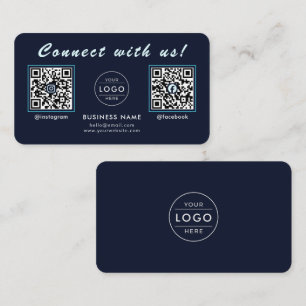 Carte De Visite Bleu Nuit Navy Double Code QR Multi Social