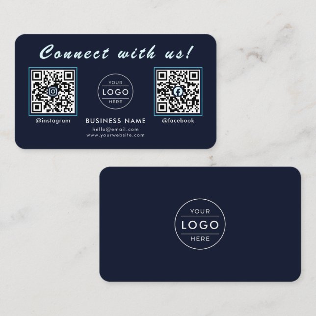 Carte De Visite Bleu Nuit Navy Double Code QR Multi Social (Devant / Derrière)
