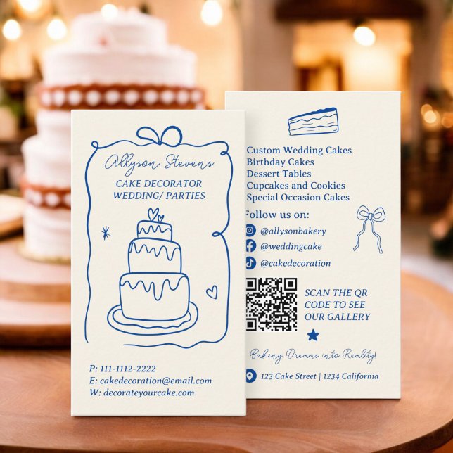 Carte De Visite Bleu rétro Scribbles cake decorateur code qr (Retro blue French Scribbles cake decorator qr code Business Card)