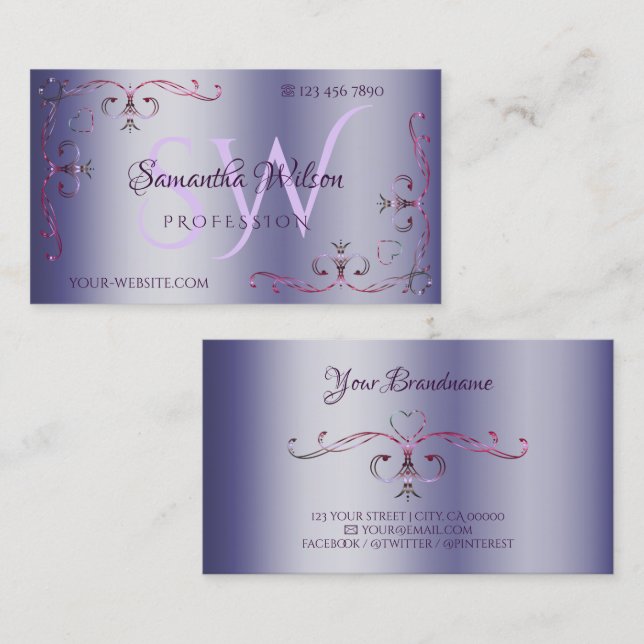 Carte De Visite Bleu rose orné coin bordure Initiales ornementales (Devant / Derrière)